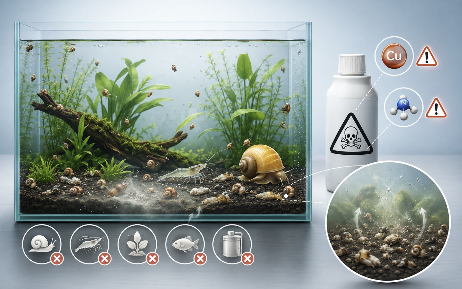 Minimalist aquarium safety infographic explaining why chemical snail-control methods are not recommended in a mixed invertebrate tank.