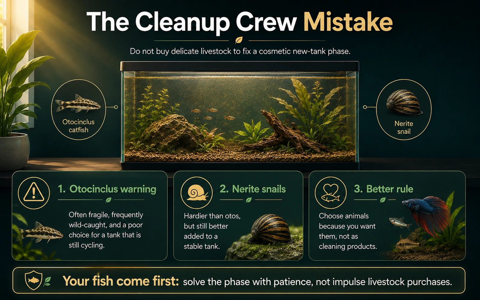 Infographic warning against buying delicate cleanup livestock solely to solve a cosmetic new-tank diatom phase.
