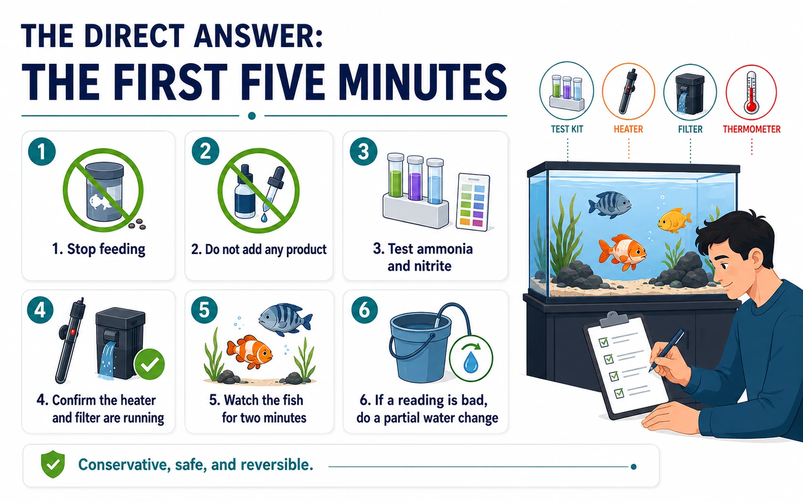 Infographic showing the first five minutes to check when something is wrong with an aquarium.
