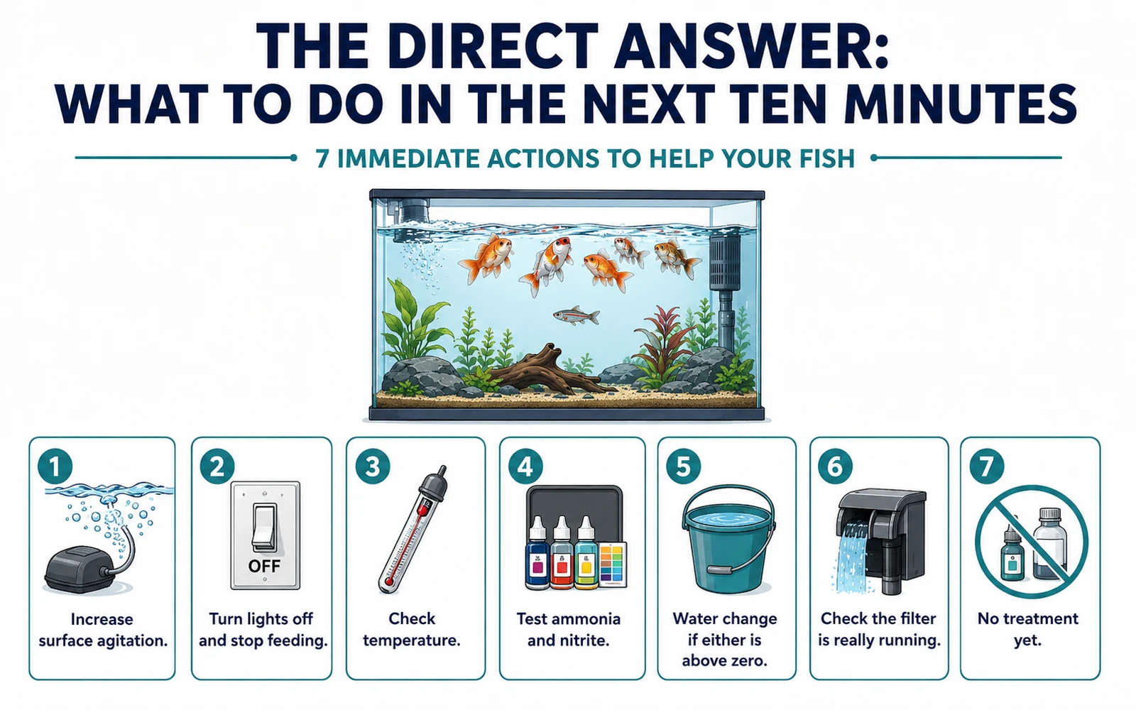 Infographic showing seven immediate actions to help fish that are gasping at the surface.