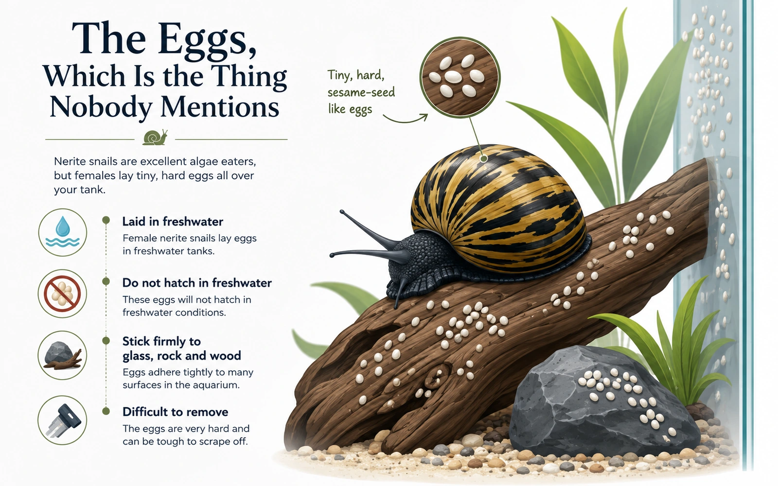 Minimalist infographic showing nerite snail eggs attached to glass, rock and driftwood and explaining that they do not hatch in freshwater.