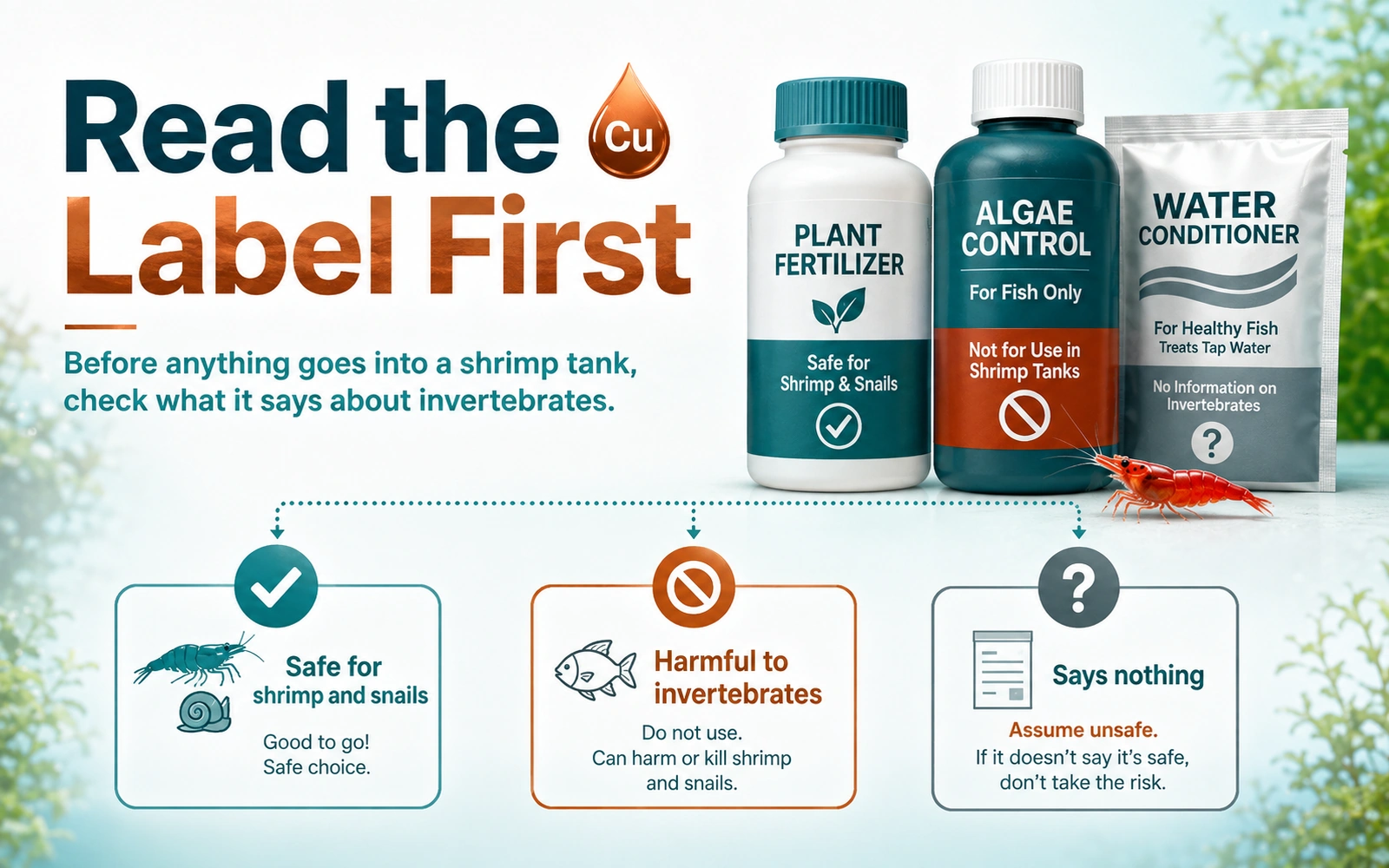 Infographic showing how to read aquarium product labels for shrimp and snail safety before adding anything to the tank.