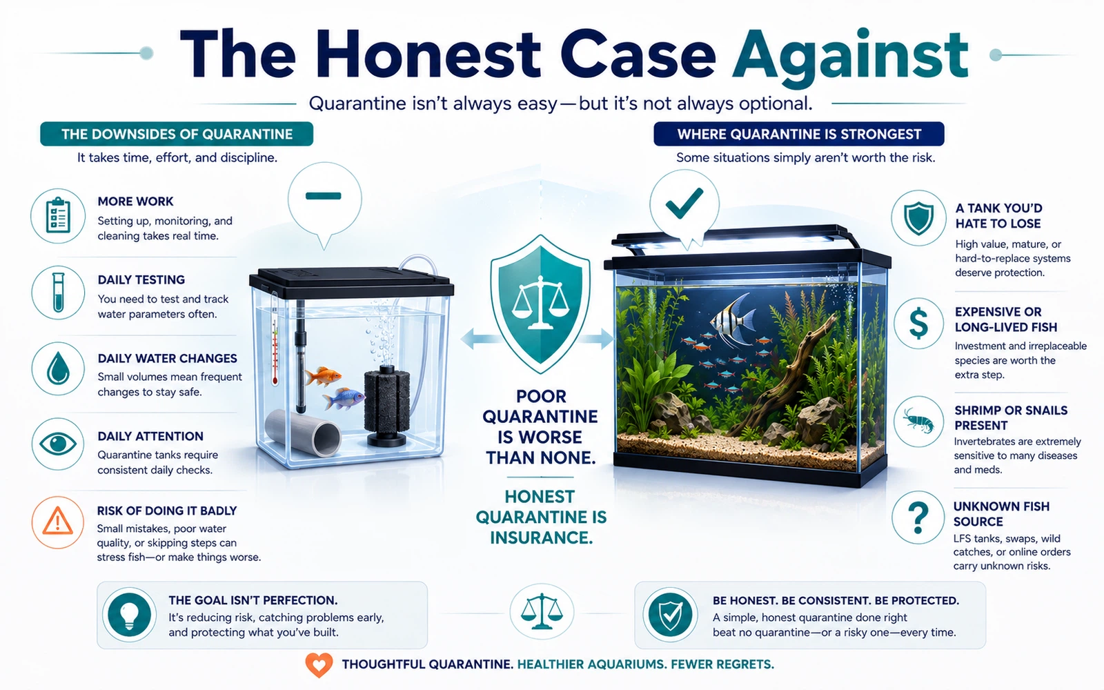 Infographic explaining the honest downsides of quarantine and the situations where it is most valuable.