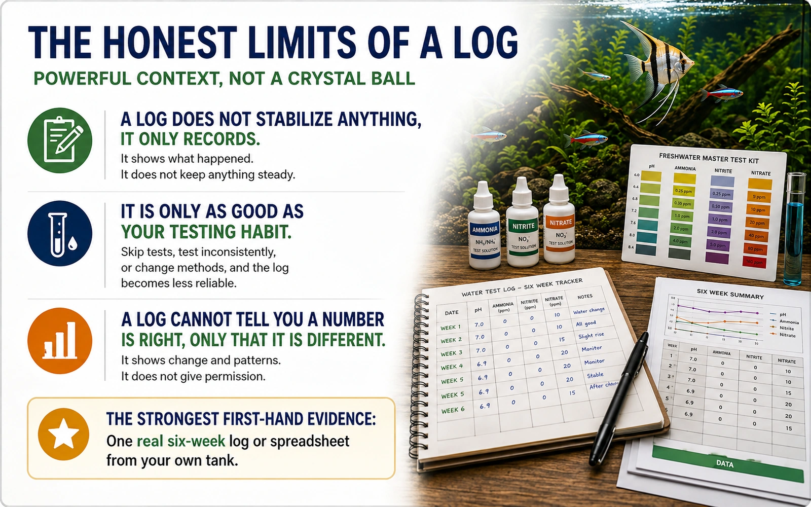 Infographic explaining the honest limits of an aquarium water test log.
