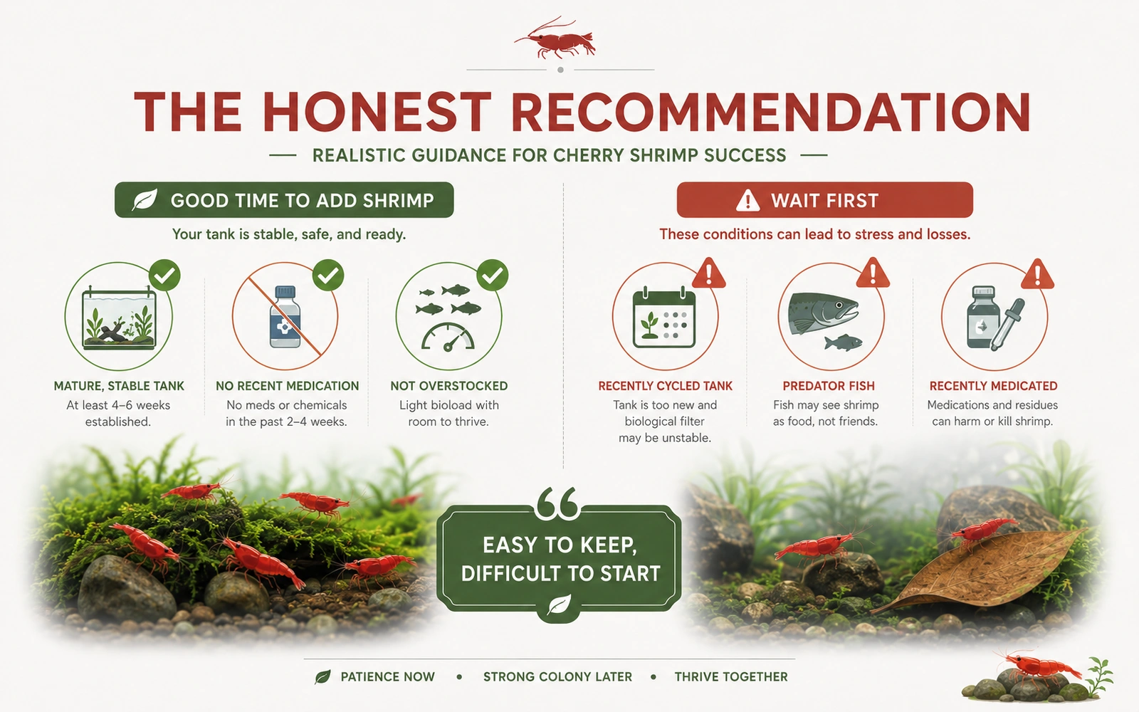 Infographic explaining when a tank is ready for cherry shrimp and when to wait.