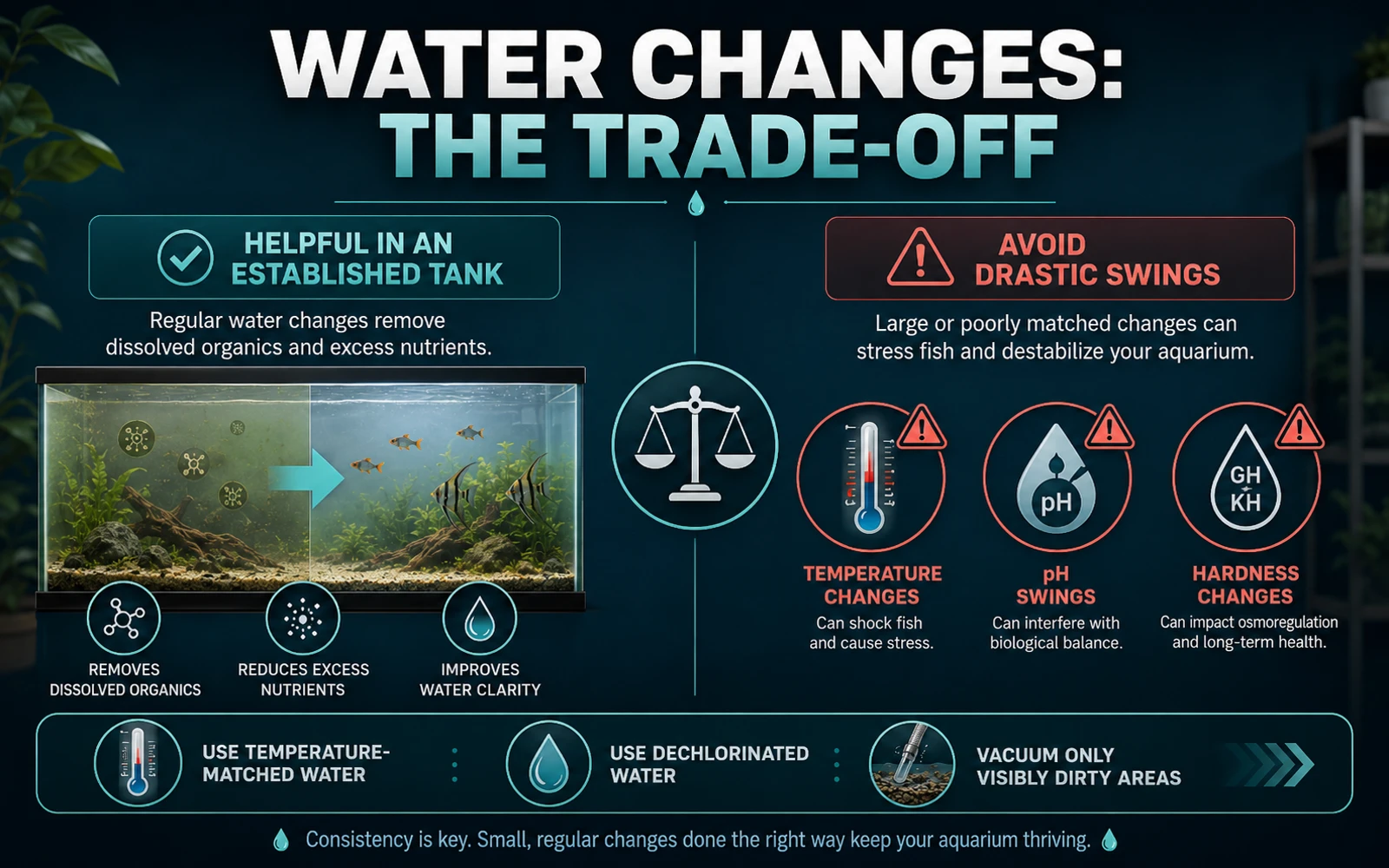 Infographic explaining when water changes help and how to avoid temperature, pH, and hardness swings.