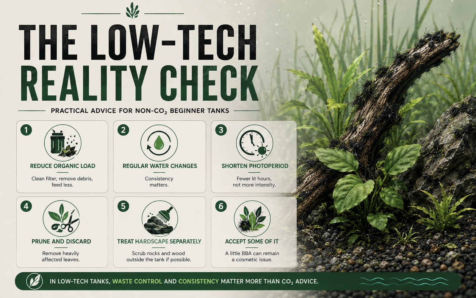 Low-tech aquarium guide explaining the practical black beard algae levers when no CO2 is injected.