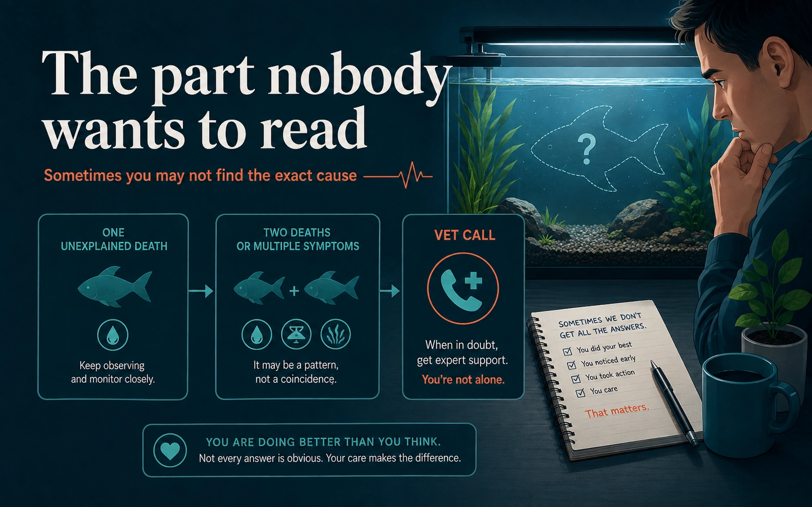 Infographic explaining that one unexplained death may remain unexplained, but repeated deaths or multiple symptoms mean a pattern and a vet call.