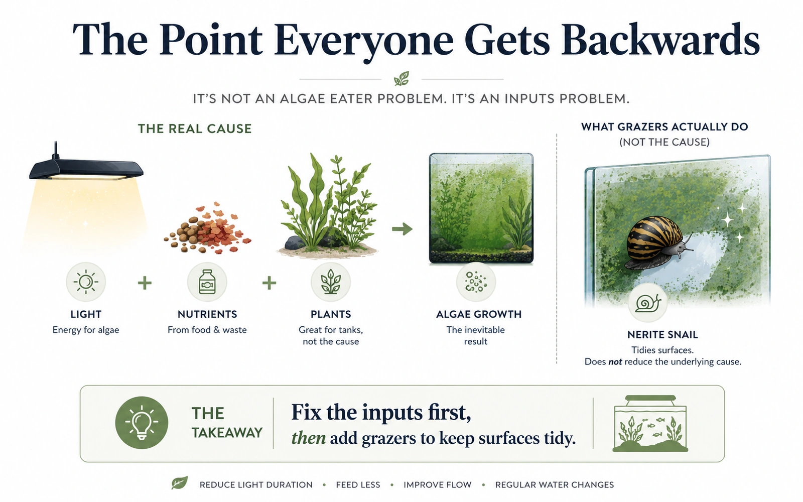 Minimalist aquarium infographic showing that algae growth is driven by light and nutrients while nerite snails only tidy surfaces.