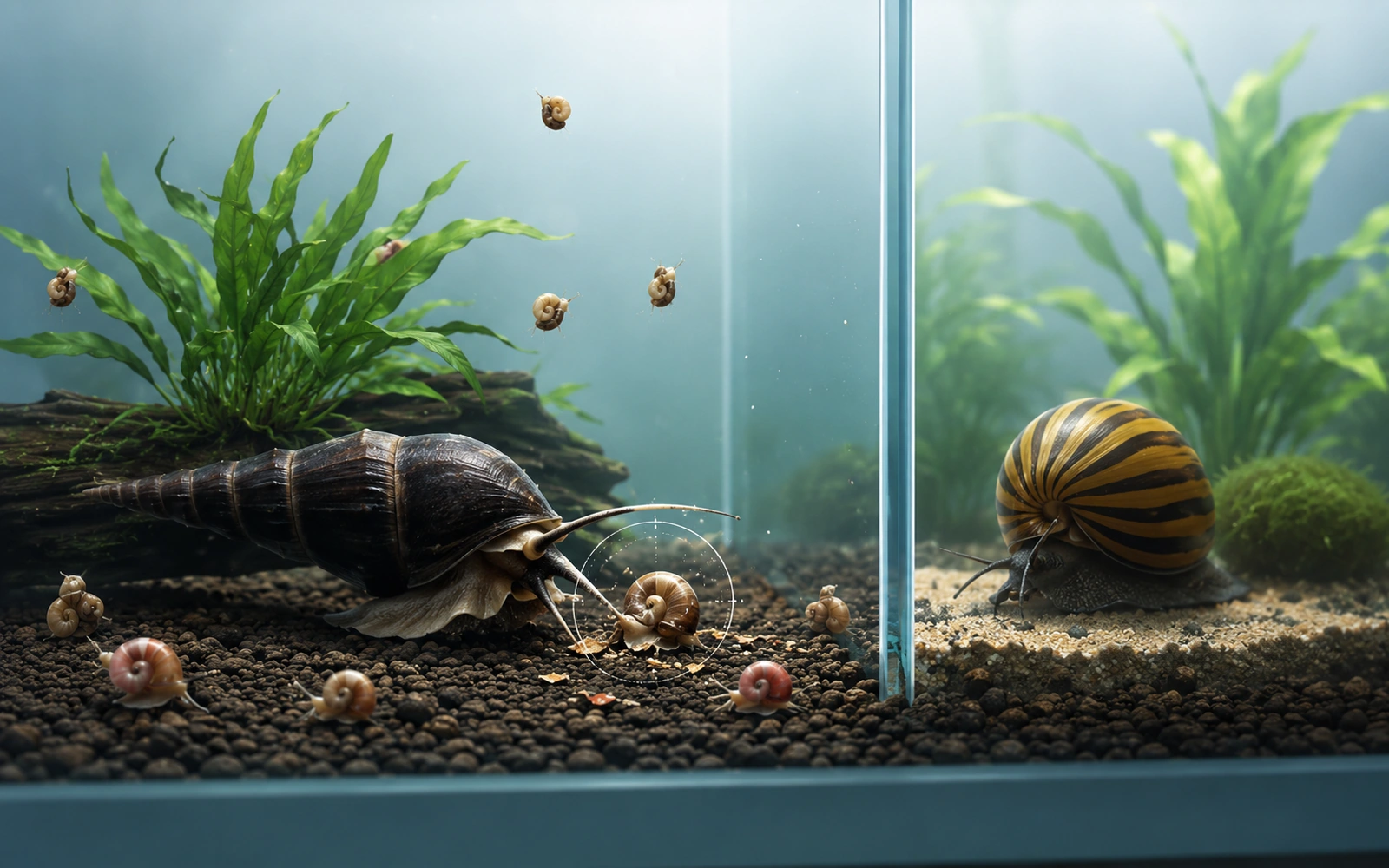 Minimalist aquarium comparison showing assassin snails as a predator option and the trade-offs for keeping other snails.