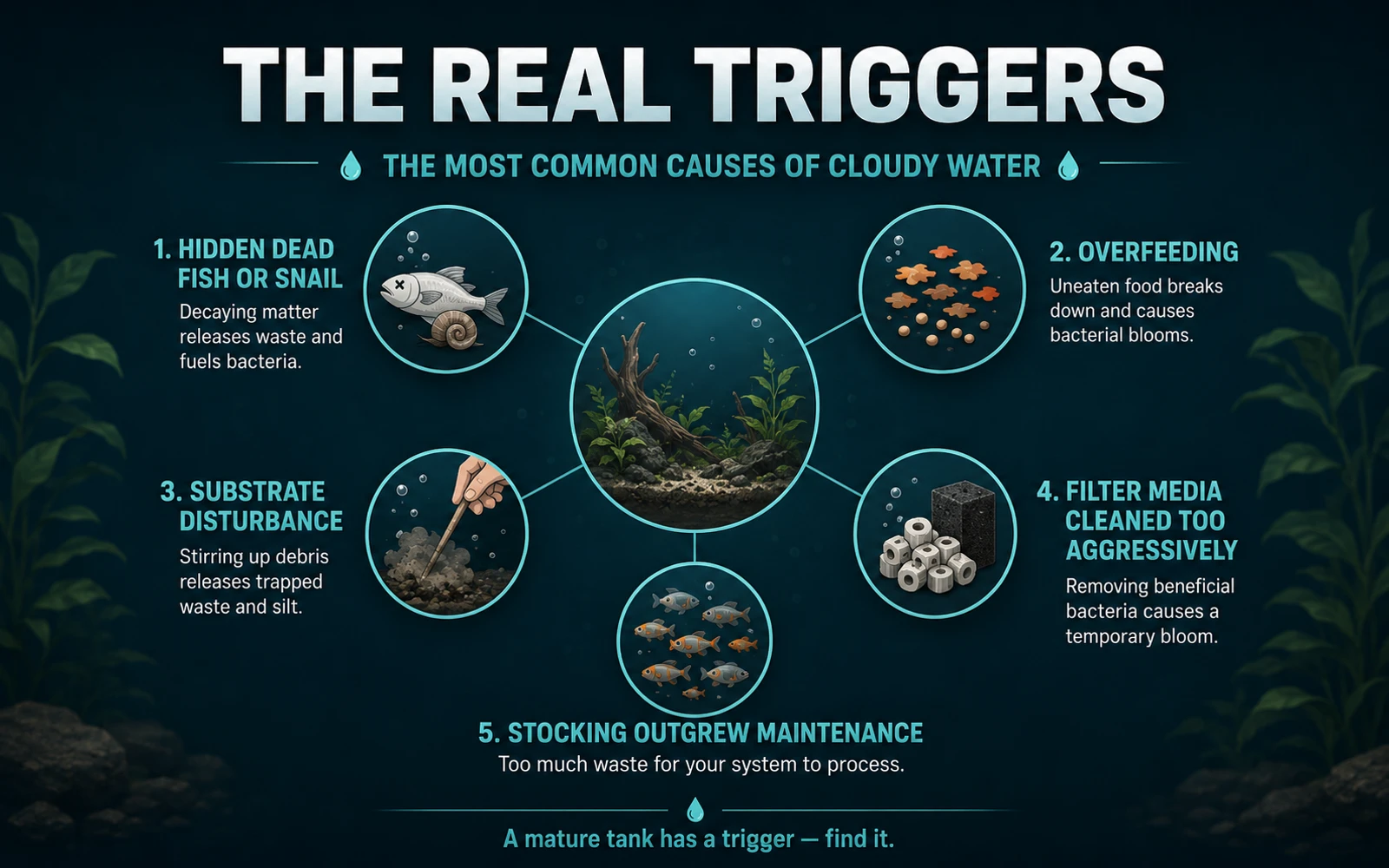 Infographic showing the most common triggers of cloudy water in an established aquarium.