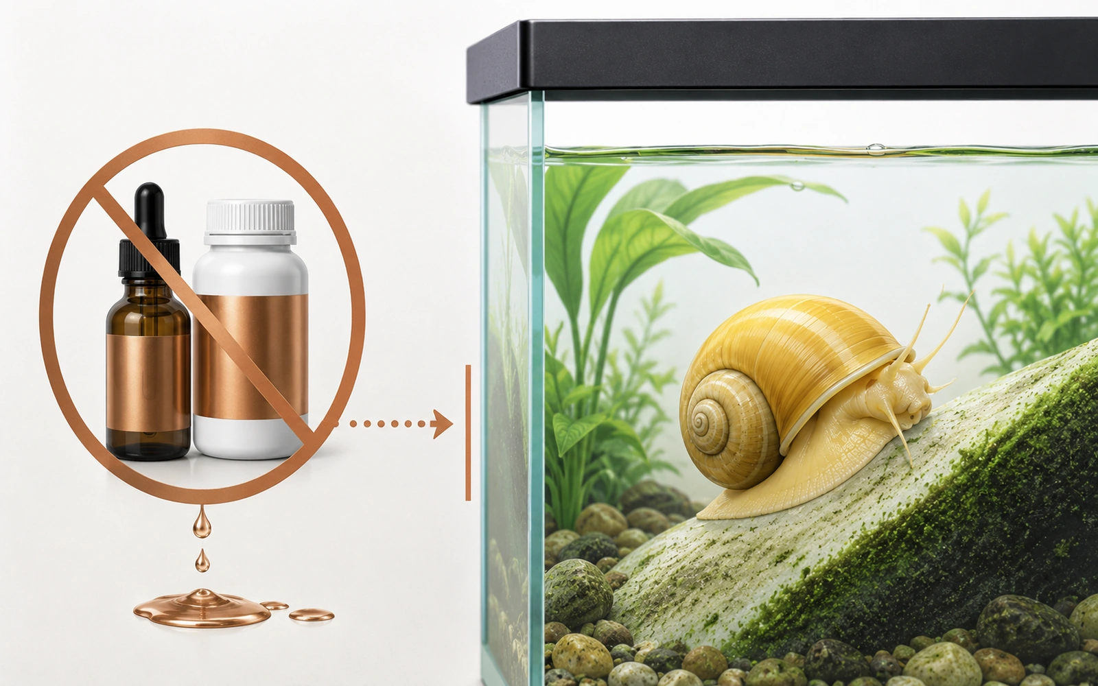 Minimalist aquarium safety image showing that unknown or unsuitable chemical products should not be added to a snail tank.