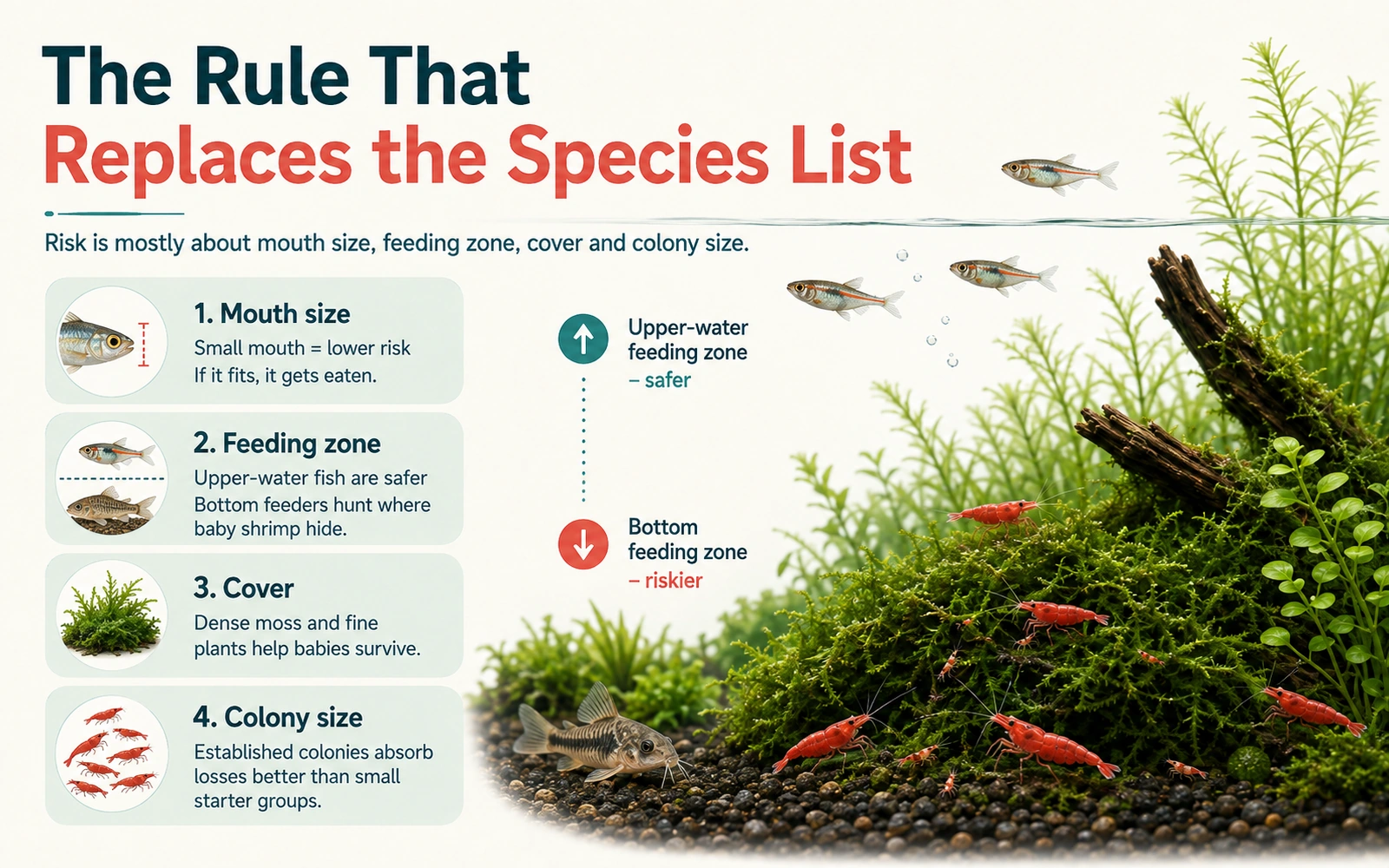 Infographic explaining mouth size, feeding zone, cover and colony size as the main predictors of baby shrimp survival.