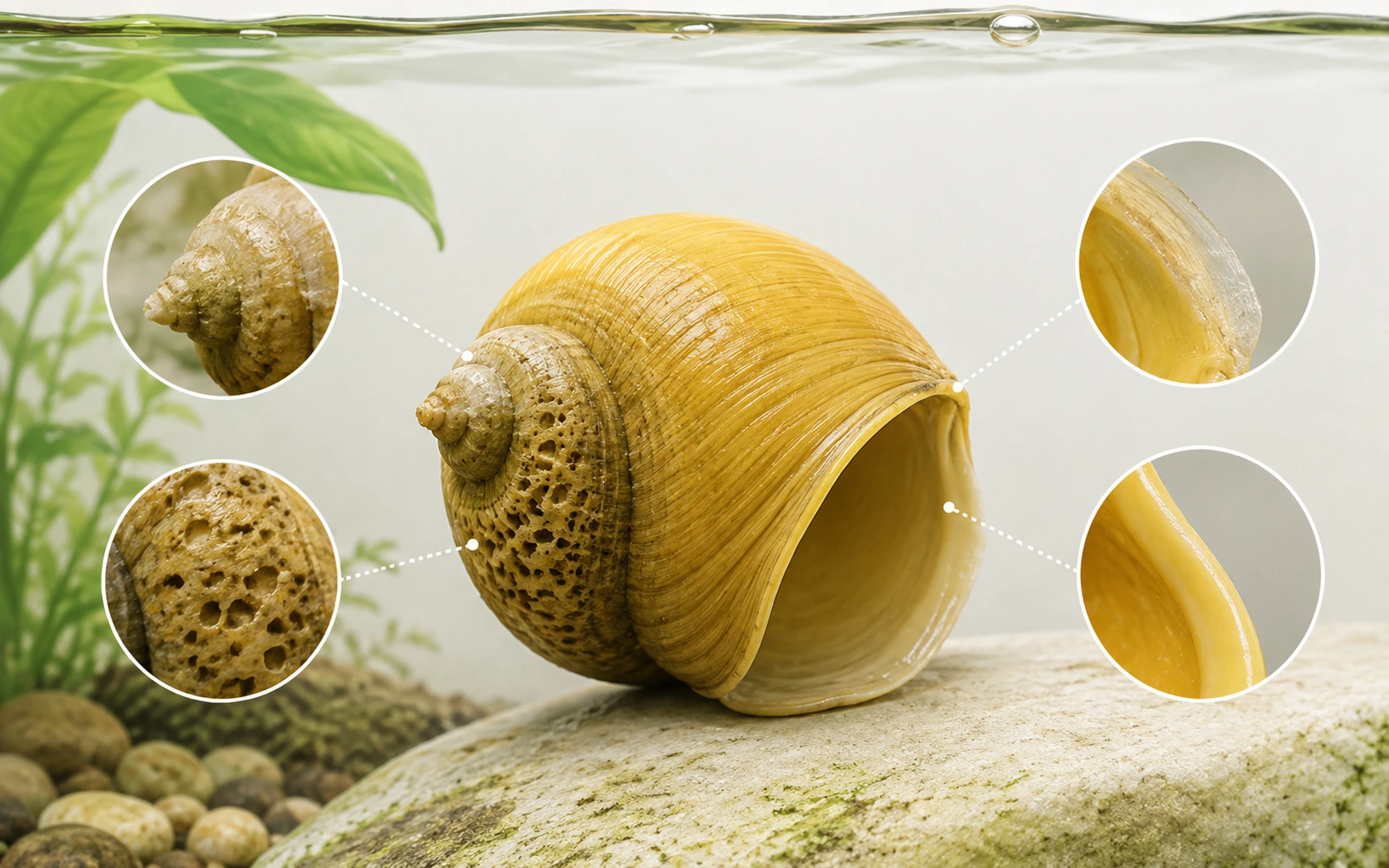 Minimalist shell-health infographic showing erosion, pitting and healthy new shell growth on a mystery snail shell.