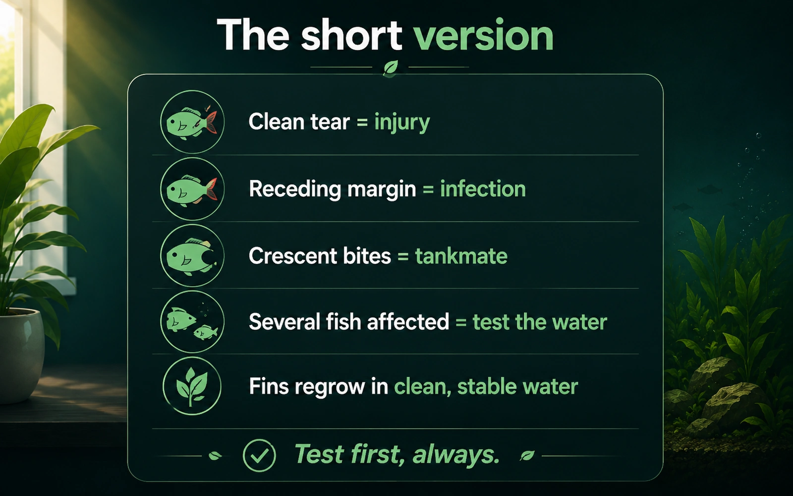 Summary infographic listing the main takeaways for a fish that is floating, sinking, or swimming sideways.