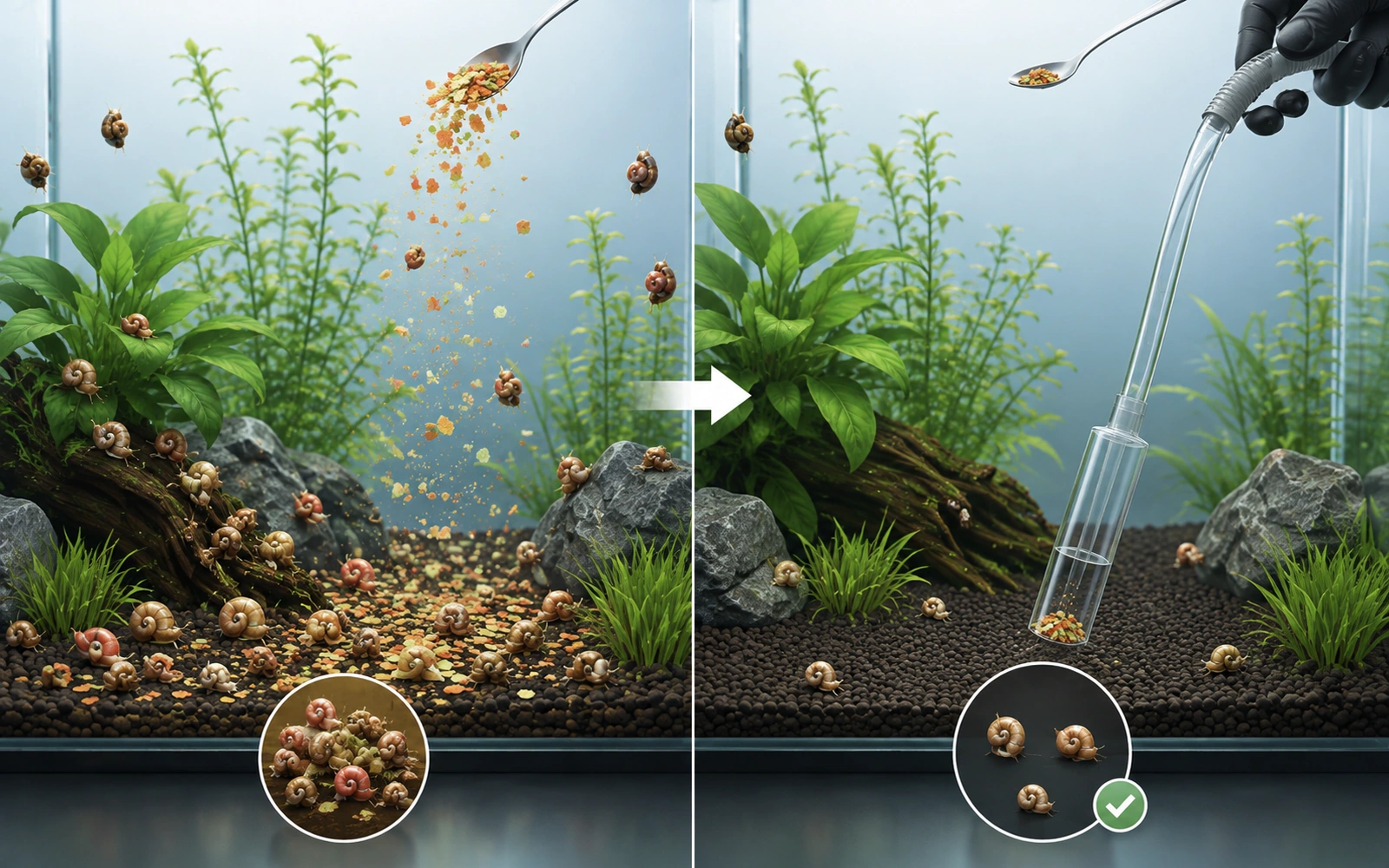 Minimalist before-and-after aquarium infographic showing how reducing surplus food lowers a pest snail population over time.