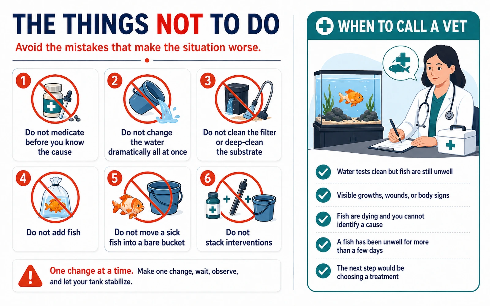 Infographic showing what not to do in an aquarium crisis and when it is time to call a veterinarian.