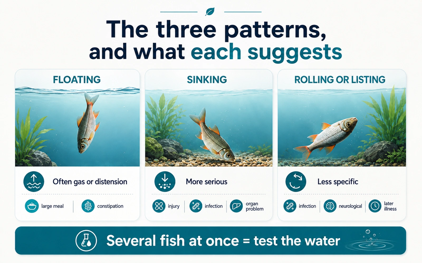 Infographic comparing floating, sinking, and rolling or listing patterns in aquarium fish and what each may suggest.
