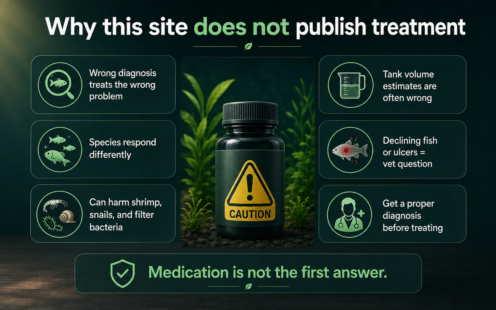 Safety infographic explaining why aquarium medication should follow a proper diagnosis instead of being the first response.
