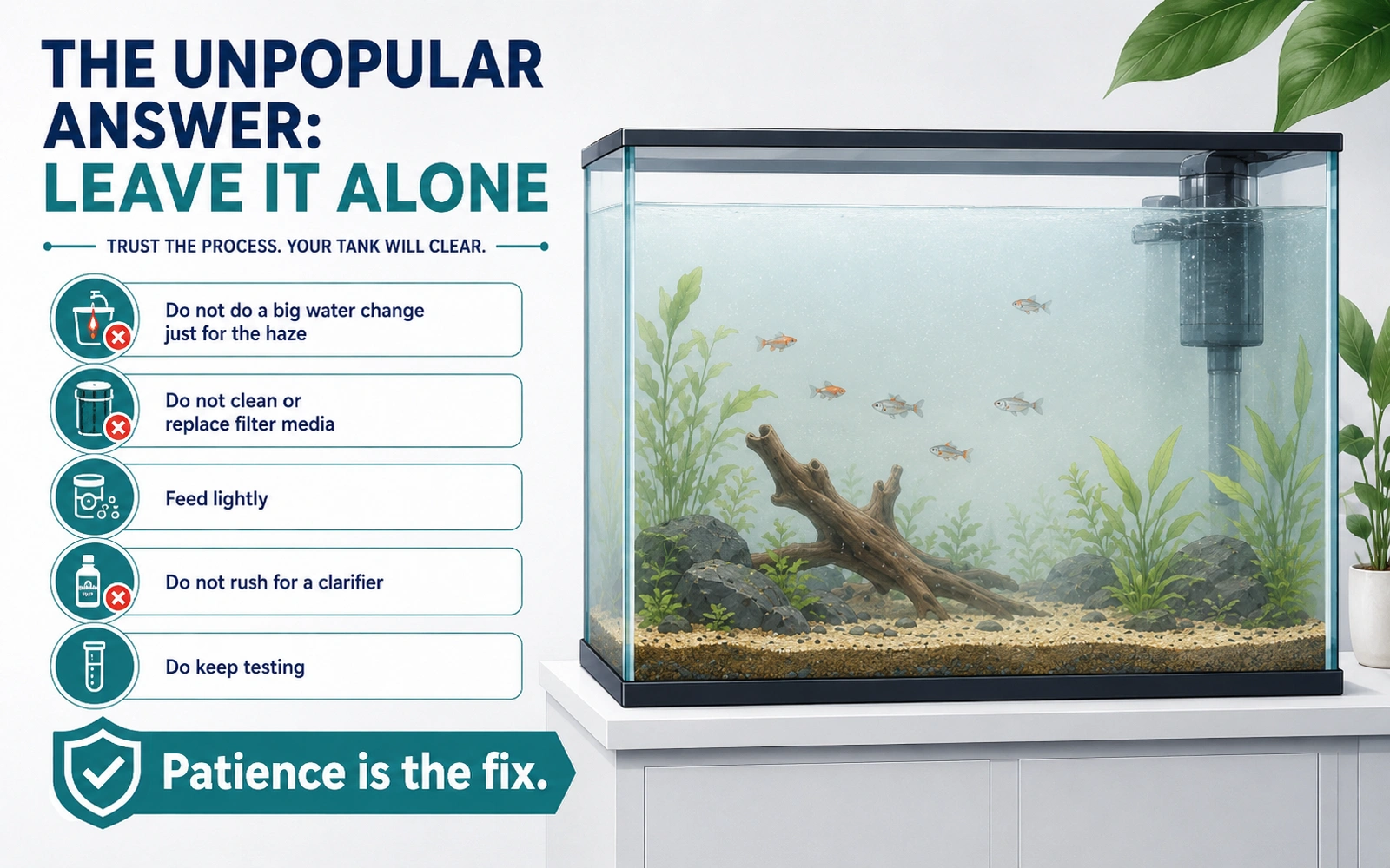 Infographic explaining why patience and continued testing are usually the correct response to a new-tank bacterial bloom.