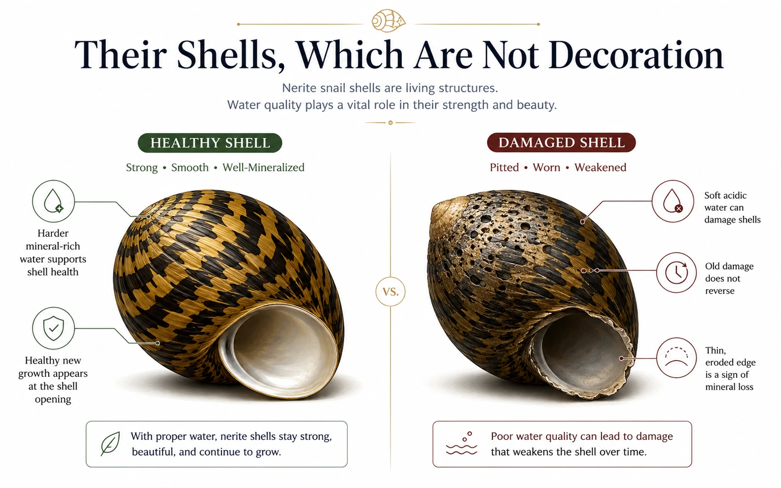 Minimalist comparison infographic showing a healthy nerite shell beside a pitted and eroded shell.