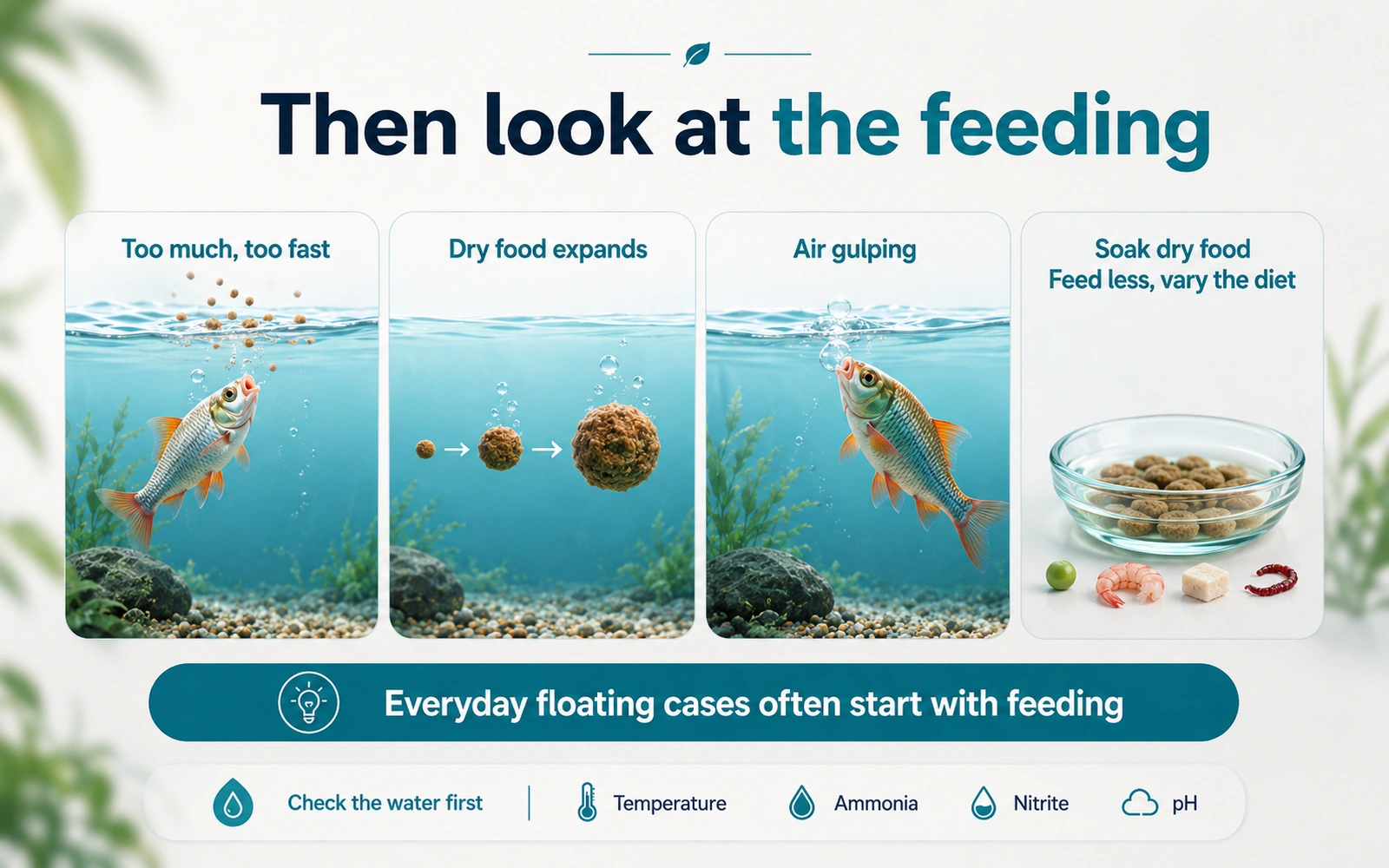 Infographic showing common feeding-related factors behind everyday floating problems in aquarium fish.