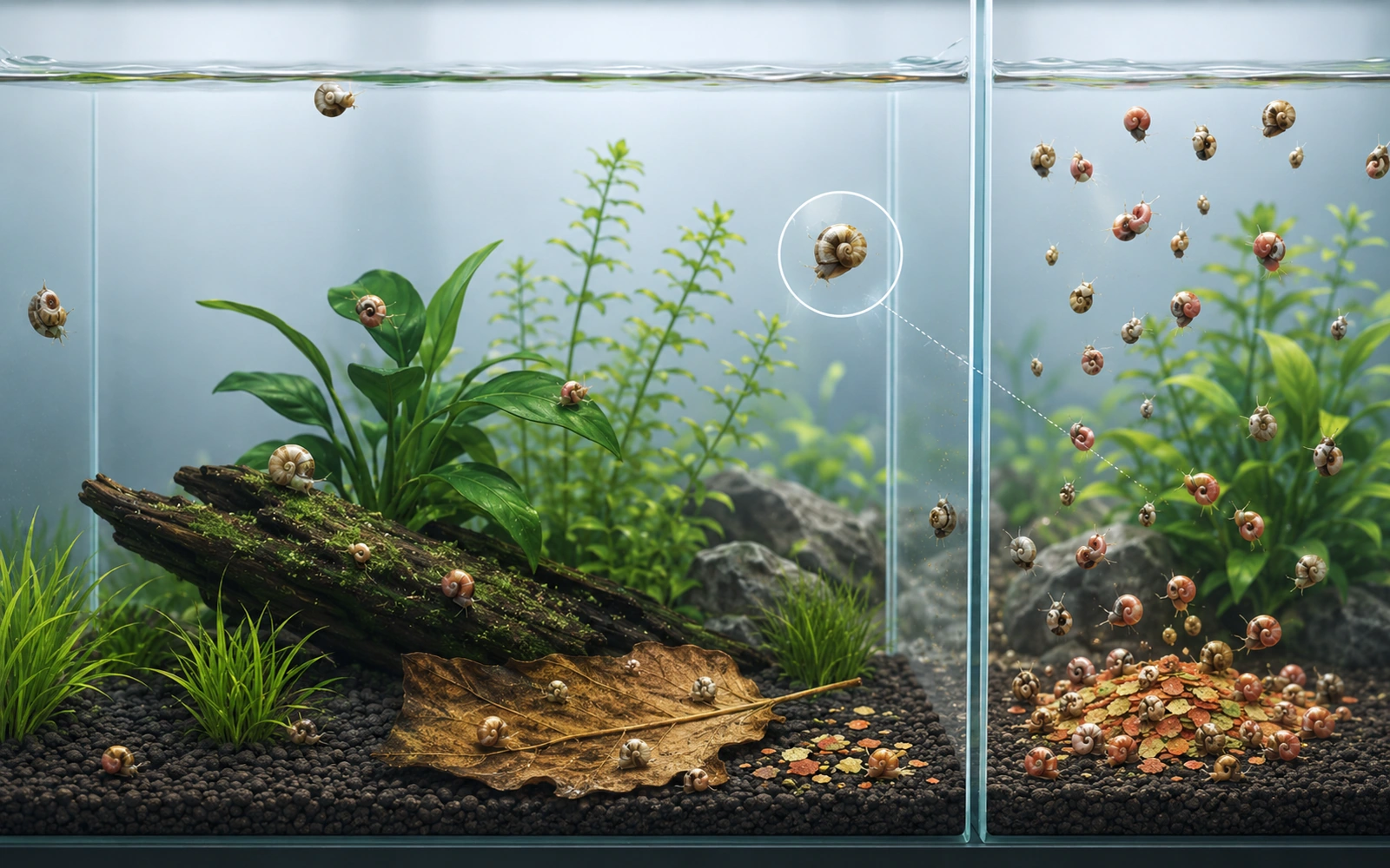 Minimalist comparison infographic showing a balanced modest snail population versus a population boom caused by excess food.