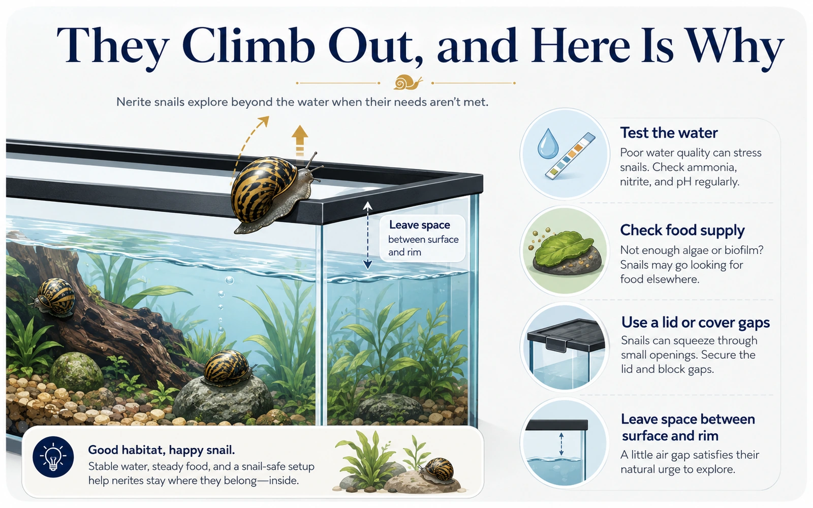Minimalist aquarium infographic showing why nerite snails climb above the waterline and the checks to make when they do.