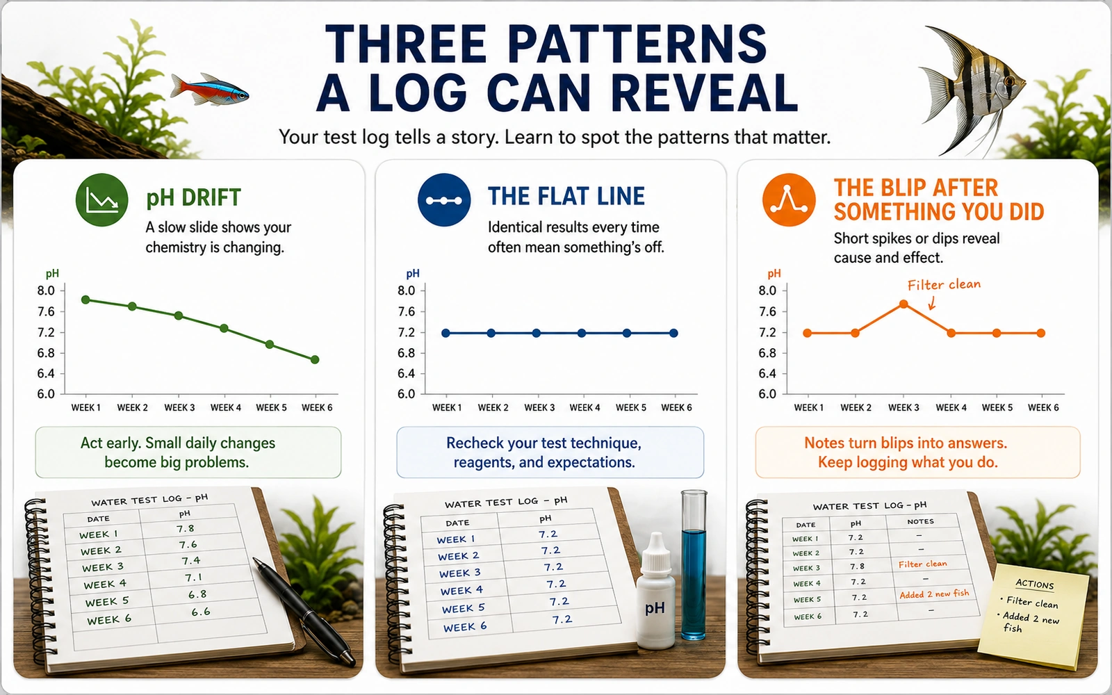 Infographic showing pH drift, a flat line, and a blip after something you did.