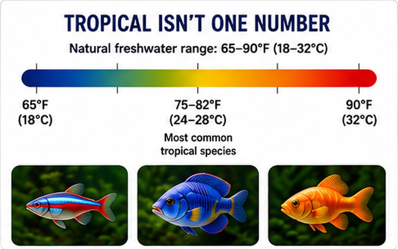 Aquarium temperature infographic showing a broad tropical freshwater range and the common range preferred by many aquarium fish