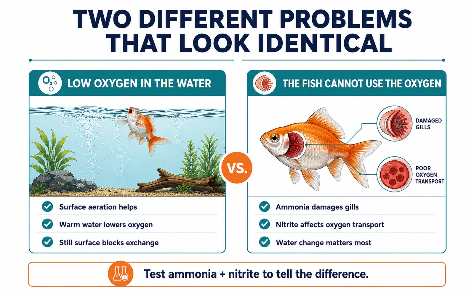 Infographic comparing low oxygen in the water with fish that cannot use the oxygen that is present.
