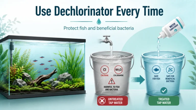Untreated tap water containing chlorine and chloramine compared with conditioned water that is safe for fish and beneficial bacteria