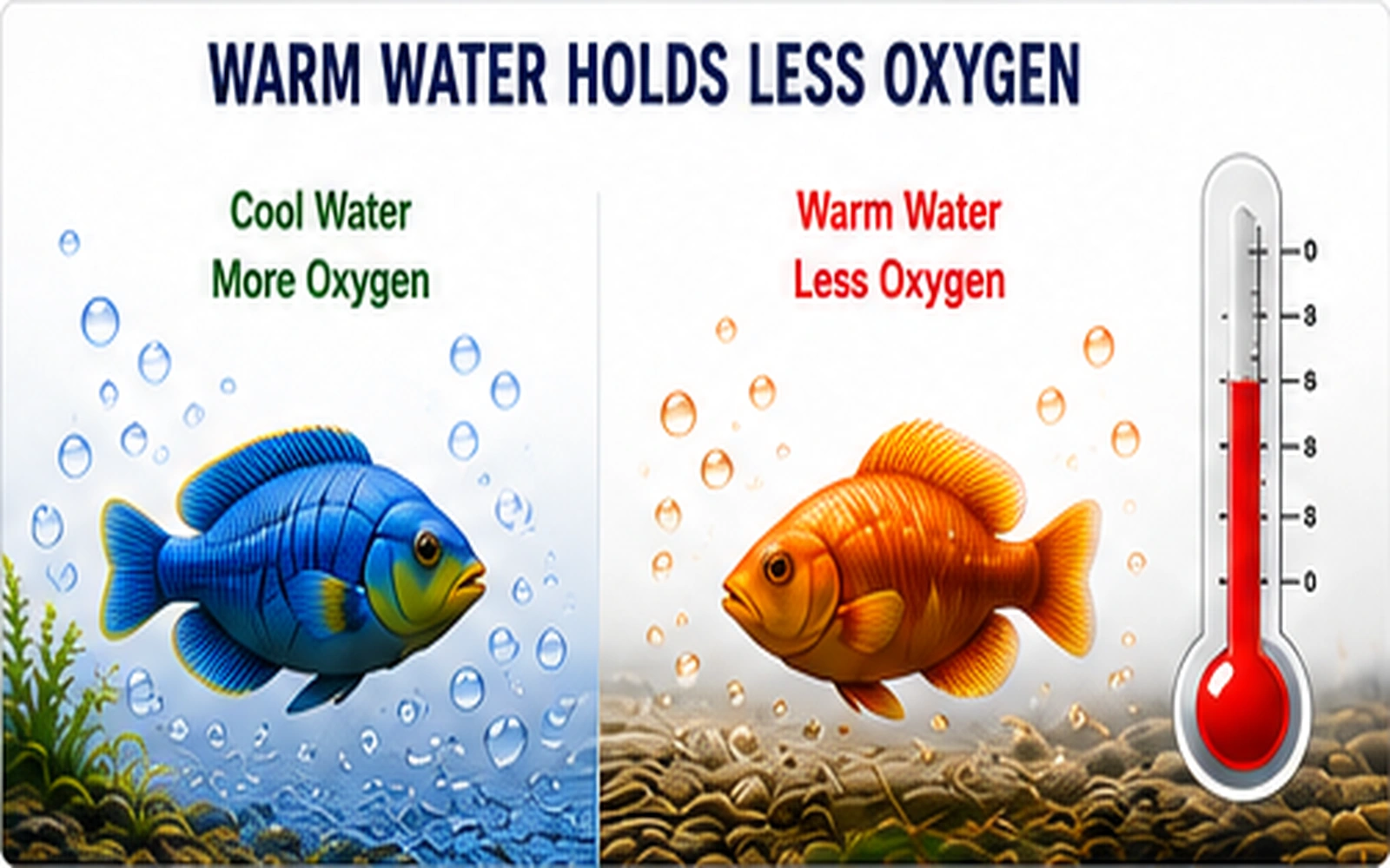 Aquarium infographic comparing cooler oxygen-rich water with warmer water holding less dissolved oxygen