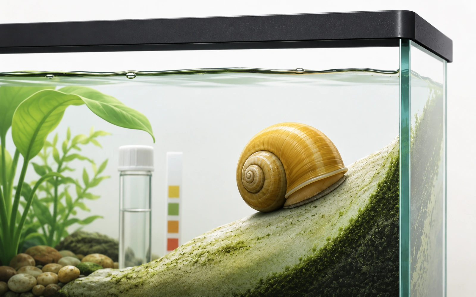 Minimalist aquarium image showing a mystery snail with water-testing equipment, emphasizing stable clean water.