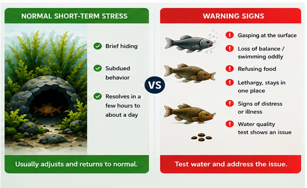 Normal short-lived fish hiding compared with warning signs including gasping, loss of balance, refusing food, and prolonged distress