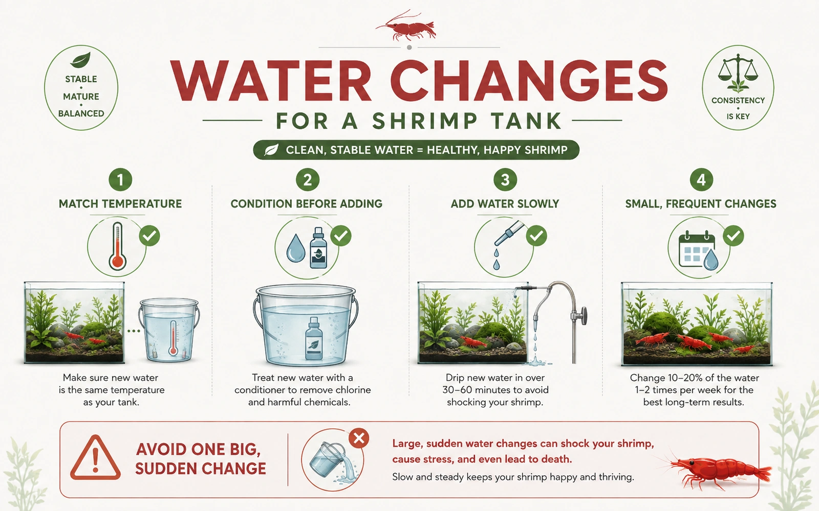 Infographic showing shrimp-safe water change habits including temperature matching, conditioning before adding, slow addition, and small frequent changes.