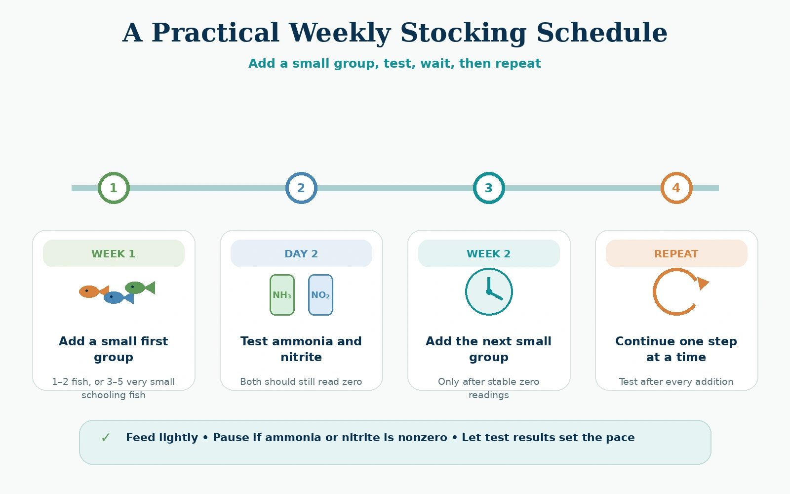 Four-step weekly aquarium stocking timeline showing a small first group, ammonia and nitrite testing, waiting, and repeating