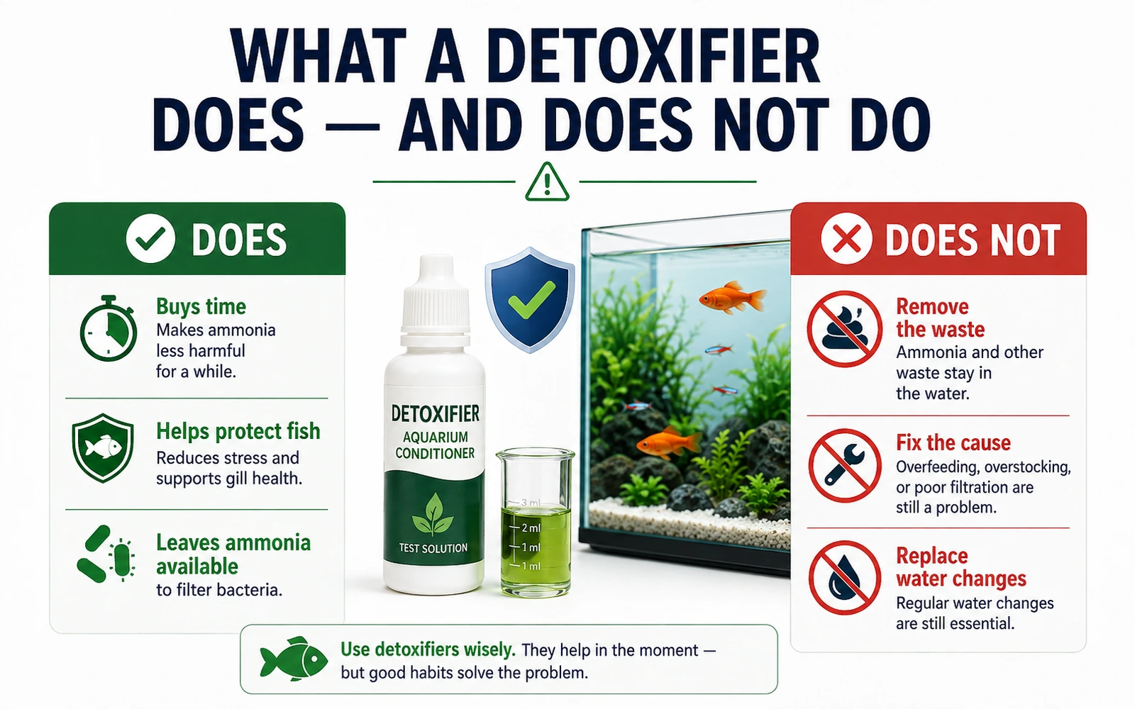 Split infographic showing what ammonia detoxifiers do and do not do in an aquarium