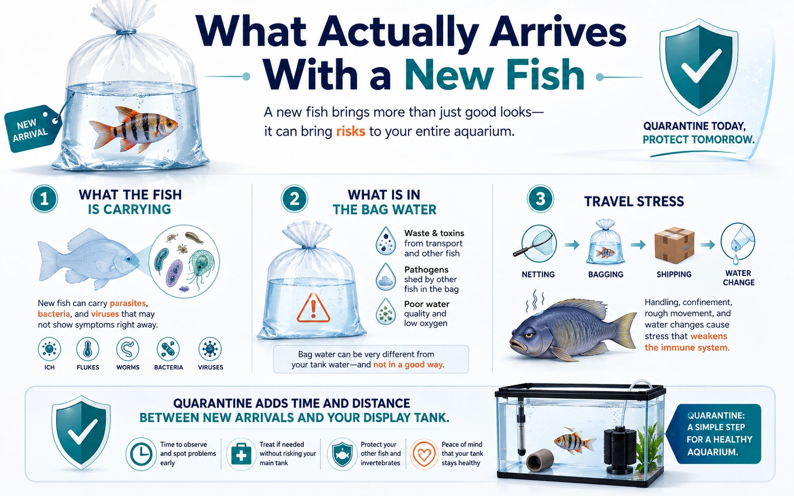 Infographic explaining what can arrive with a new fish: pathogens, risky bag water, and travel stress.