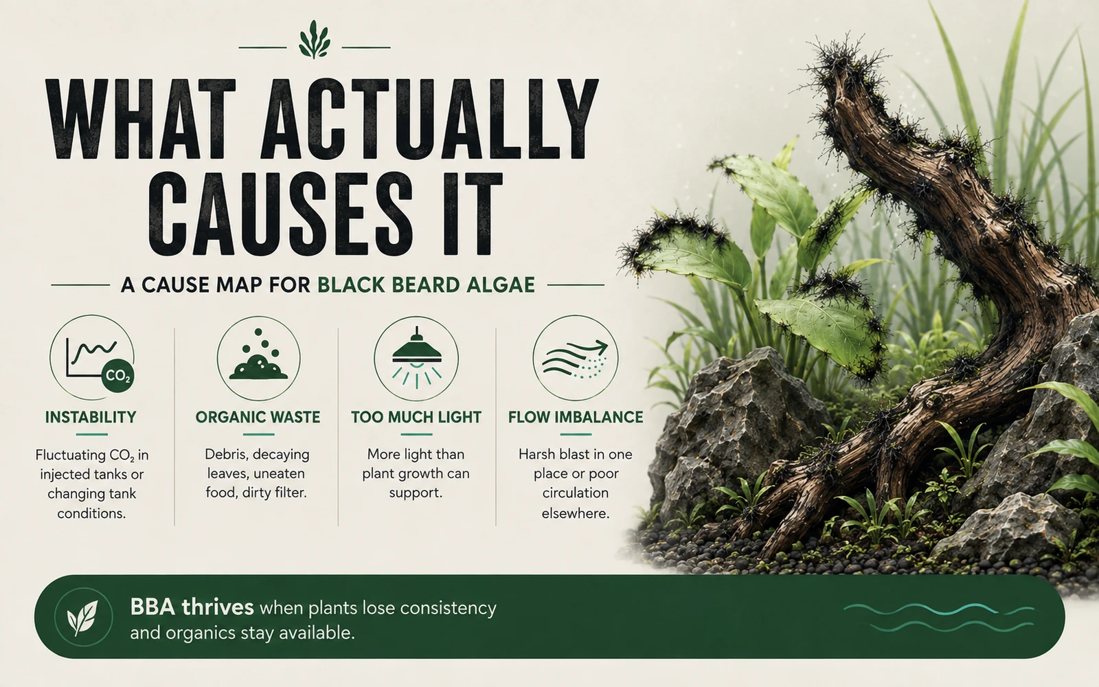 Infographic explaining the main drivers of black beard algae including instability, organic waste, excess light, and poor circulation balance.