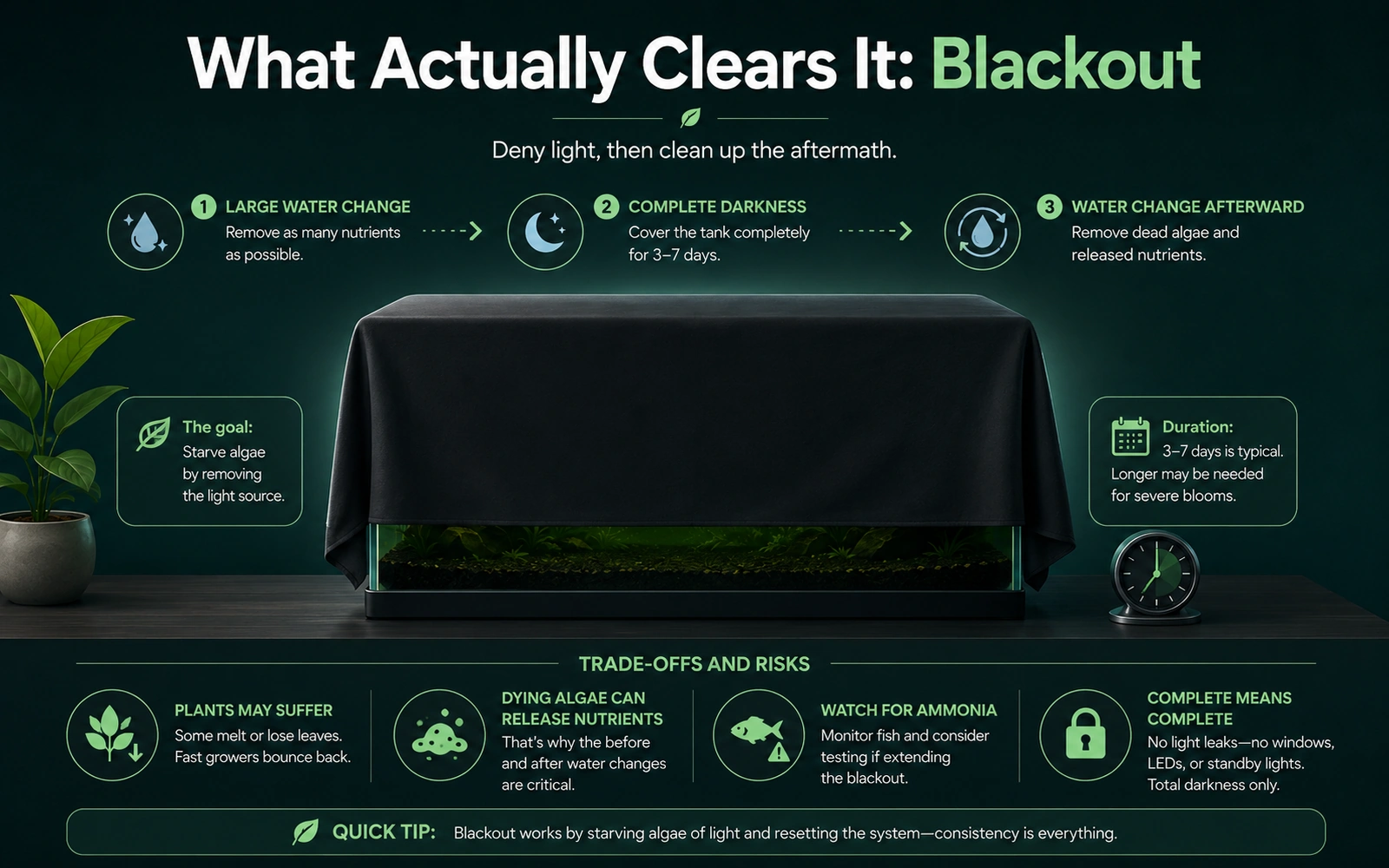 Infographic showing how a complete blackout can clear a green water bloom and the trade-offs involved.