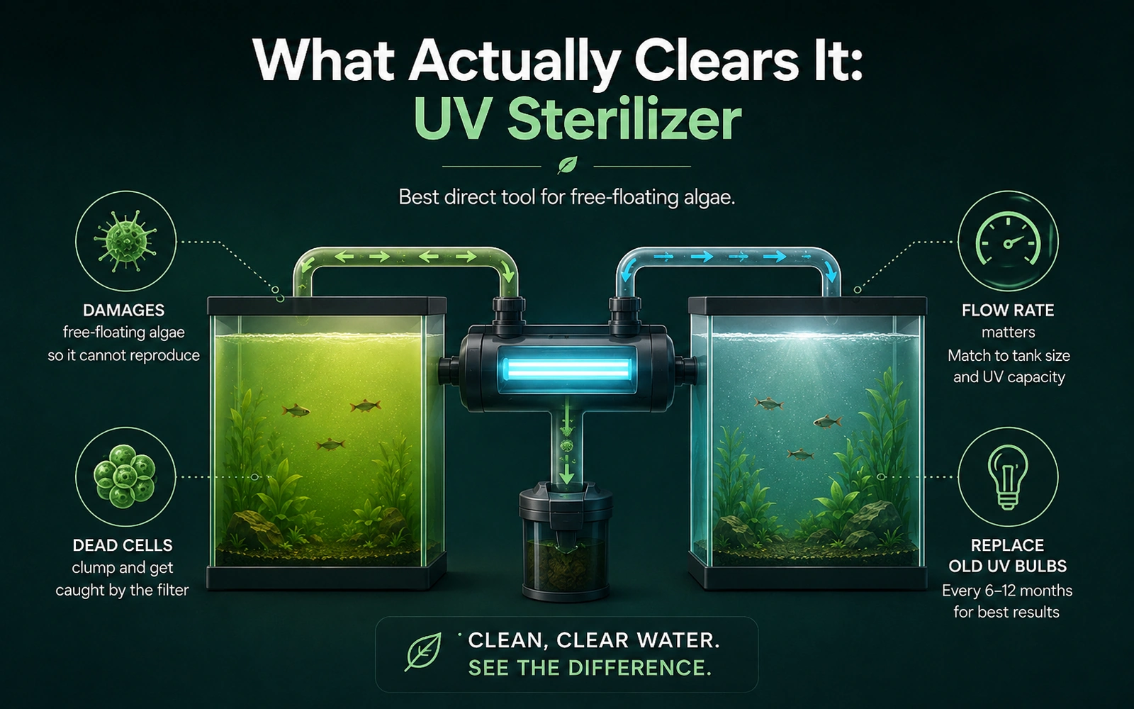 Infographic showing how a UV sterilizer clears free-floating algae from green aquarium water.