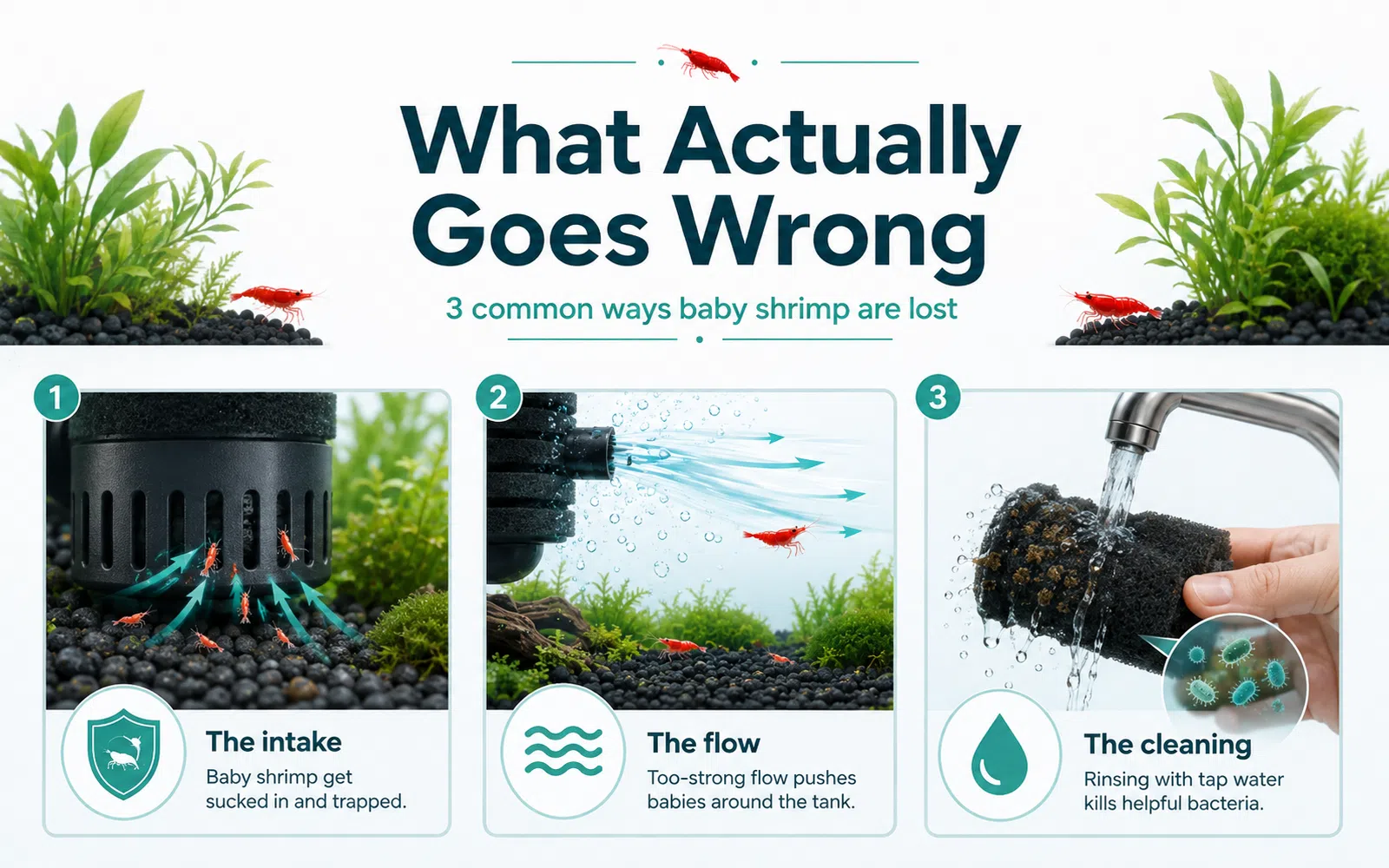 Minimalist aquarium infographic showing the three main shrimp filtration risks: intake, overly strong flow, and harmful cleaning under tap water.