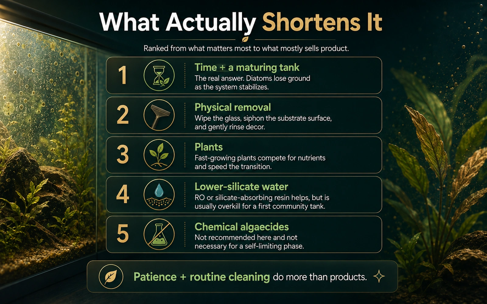 Infographic ranking what actually shortens a new-tank diatom phase.