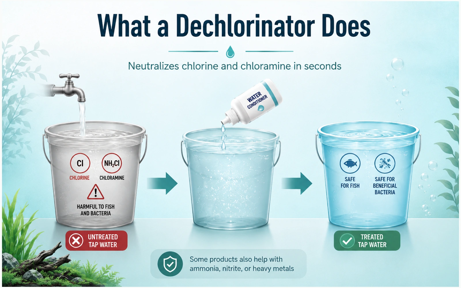 Water conditioner changing untreated chlorine and chloramine tap water into water safe for fish and beneficial bacteria