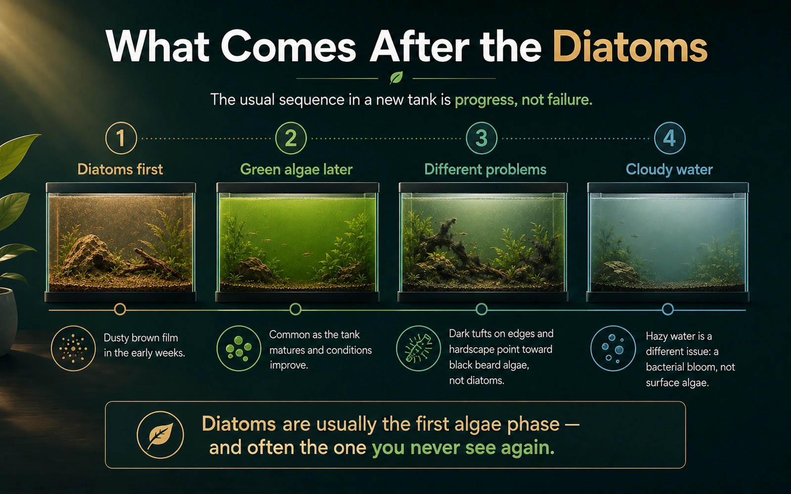 Infographic showing what often comes after the diatom phase as a new aquarium matures.