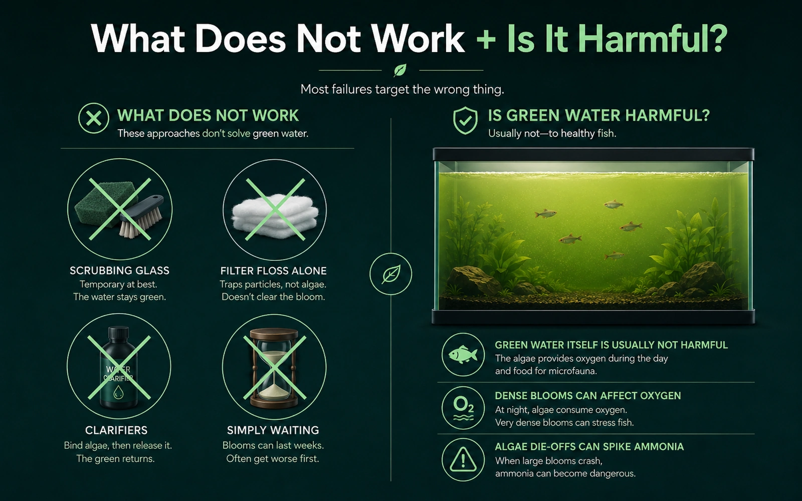 Infographic showing what does not work for green water and why the bloom is usually not harmful to healthy fish.