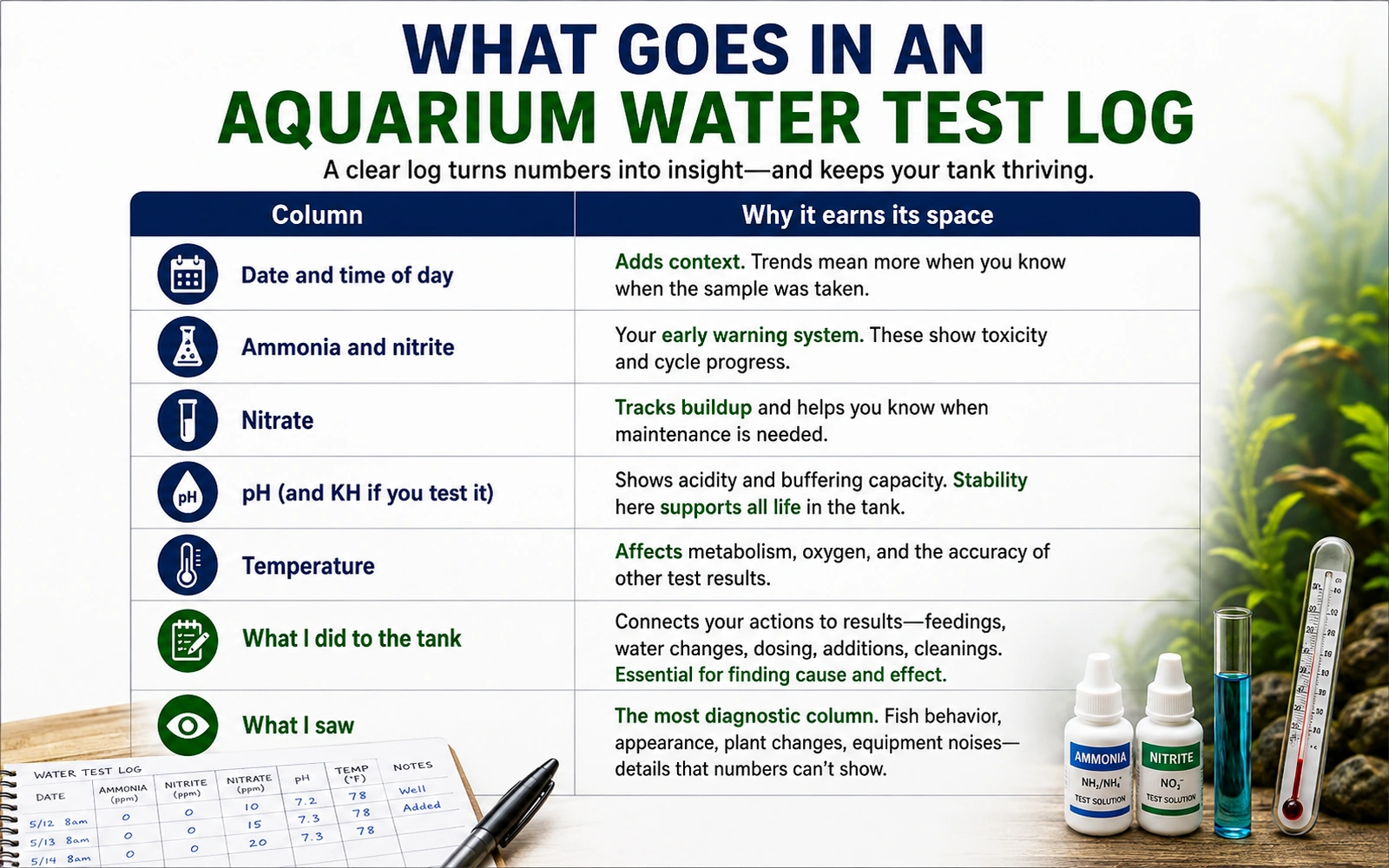 Infographic table showing what information to include in an aquarium water test log.