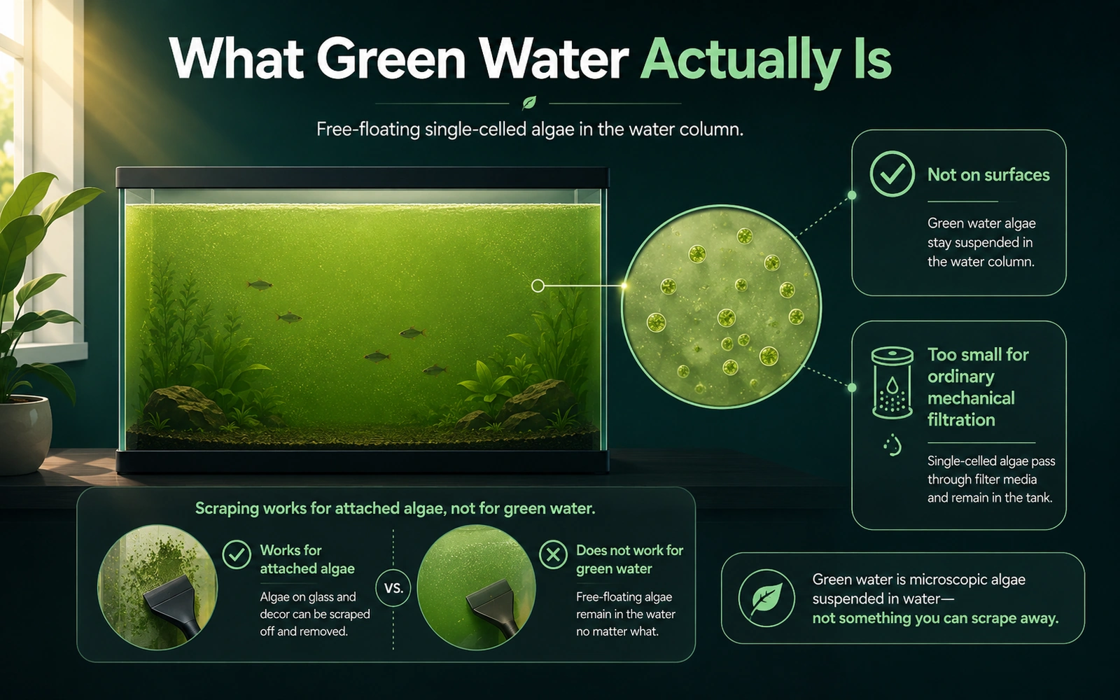 Infographic explaining that green water is free-floating single-celled algae in the water column.