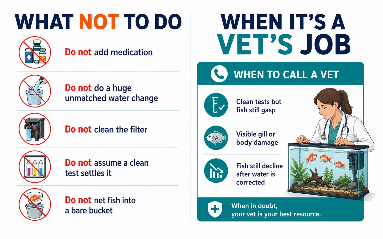 Infographic showing what not to do when fish are gasping and when it is time to call a veterinarian.